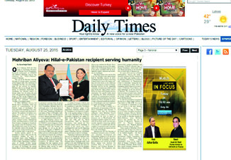 В газете Daily Times опубликована статья «Мехрибан Алиева, удостоенная ордена Hilal-e-Pakistan, на службе человечности»