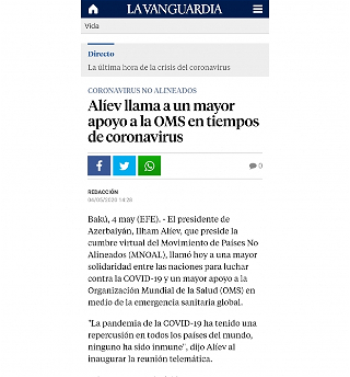 La Vanguardia: «Ильхам Алиев призывает усилить поддержку ВОЗ во времена коронавируса»