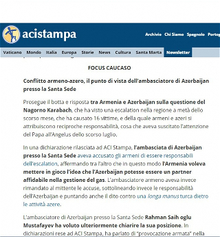На интернет-портале Ватикана опубликованоинтервью посла Азербайджана