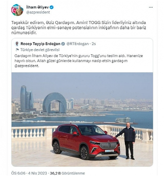 Президент Ильхам Алиев в публикации в Twitterпоблагодарил Президента Турции