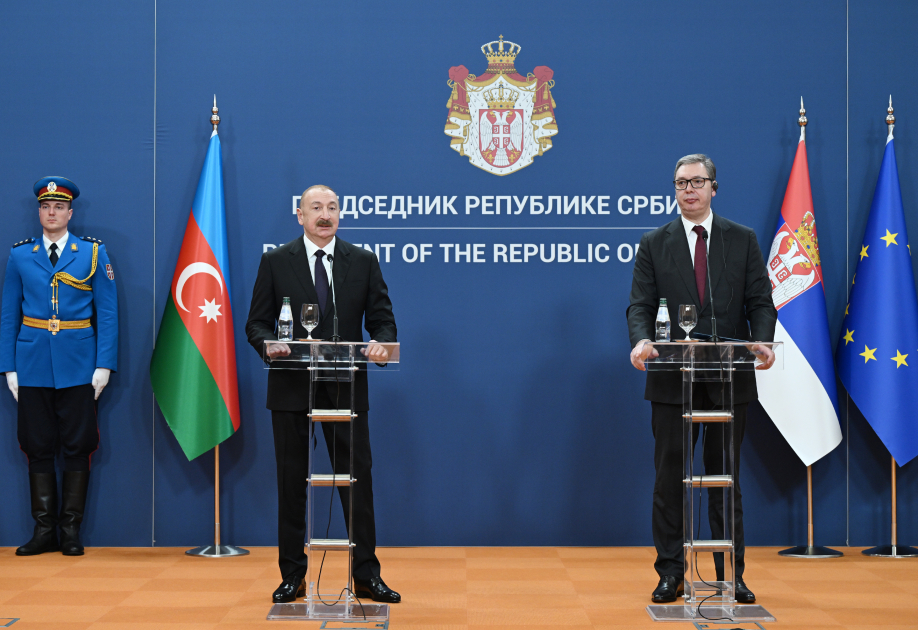 Президент Азербайджана Ильхам Алиев и Президент Сербии Александар Вучич выступили с заявлениями для прессы