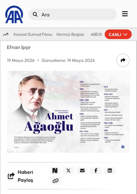 Первый председатель правления агентства «Анадолу» – Ахмед бек Агаоглу